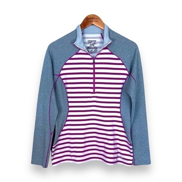 Patagonia Capilene 3 Midweight 1/4 Zip Long Sleeve Shirt, Gray w/ Pink Stripes M - Picture 1 of 10